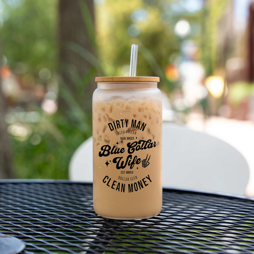 Blue Collar Wife 16oz Glass Coffee Can with Bamboo Lid