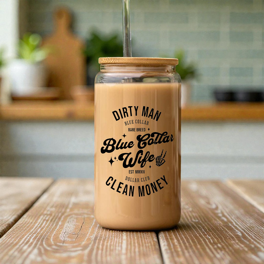 Blue Collar Wife 16oz Glass Coffee Can with Bamboo Lid