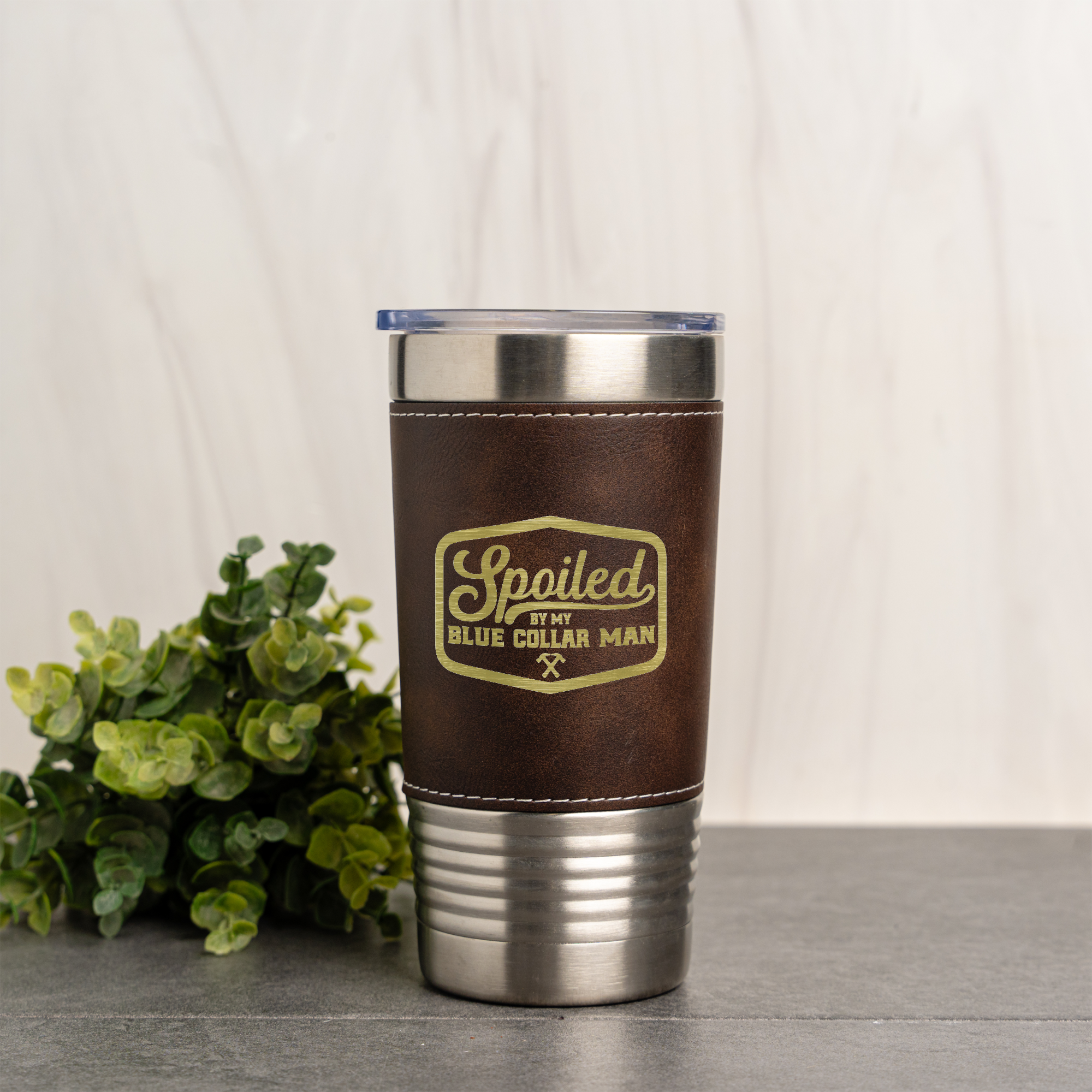Leather Wrapped Tumbler 20oz - Spoiled by My Blue Collar Man