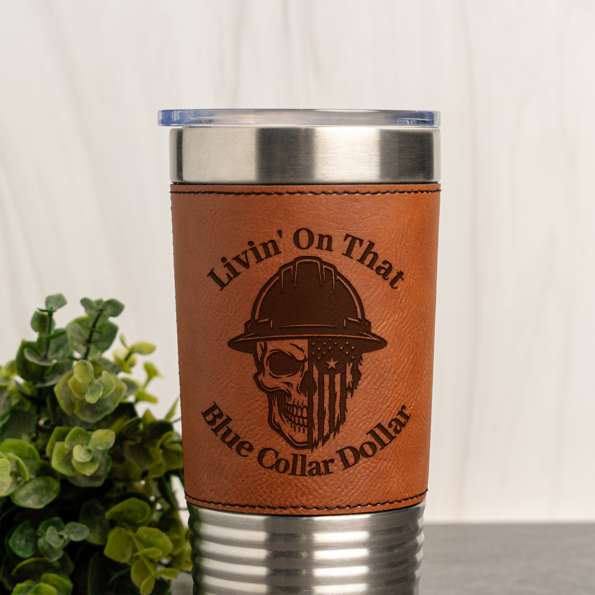 20oz Leather Wrapped Tumbler - Blue Collar Dollar Design