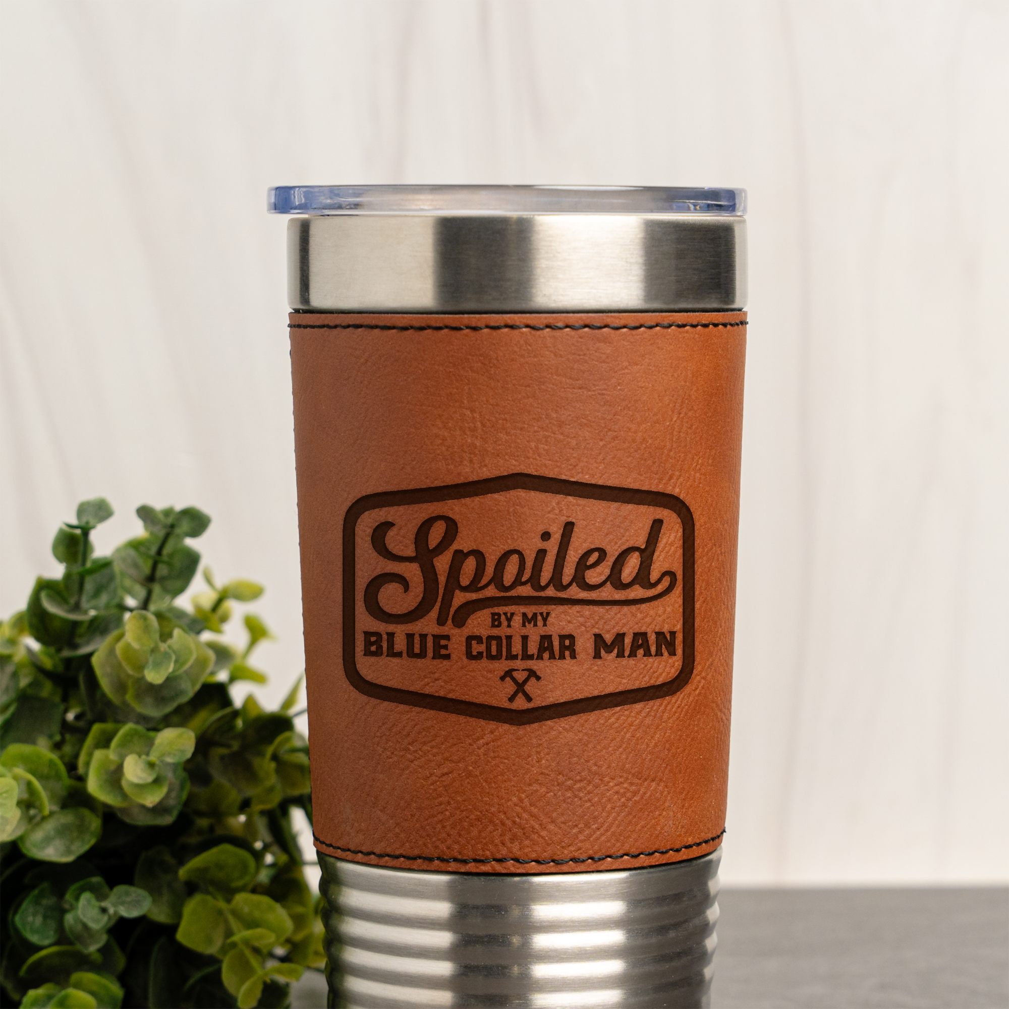 Leather Wrapped Tumbler 20oz - Spoiled by My Blue Collar Man
