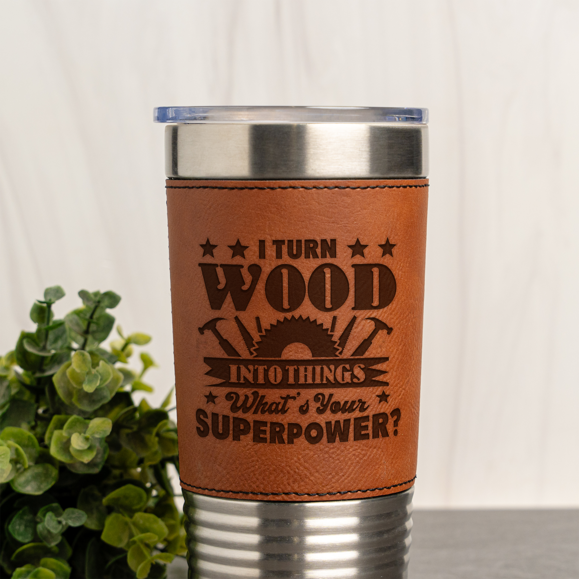 Woodworking Superpower Design - 20oz Leather Wrapped Tumbler