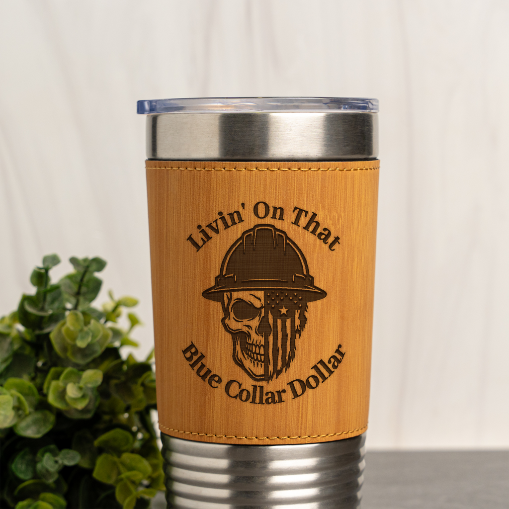 20oz Leather Wrapped Tumbler - Blue Collar Dollar Design