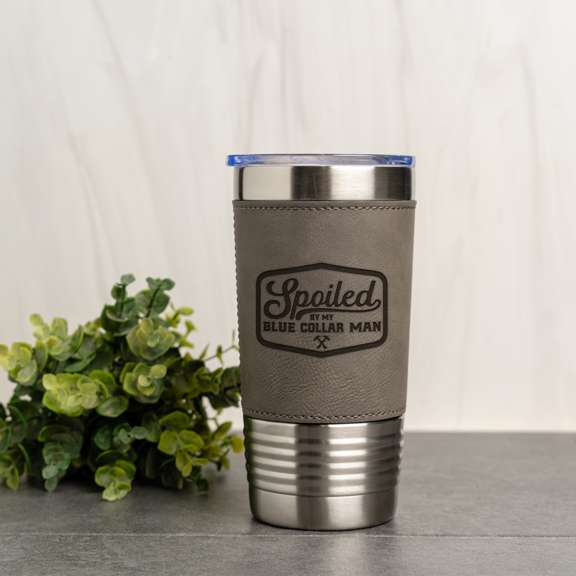 Leather Wrapped Tumbler 20oz - Spoiled by My Blue Collar Man