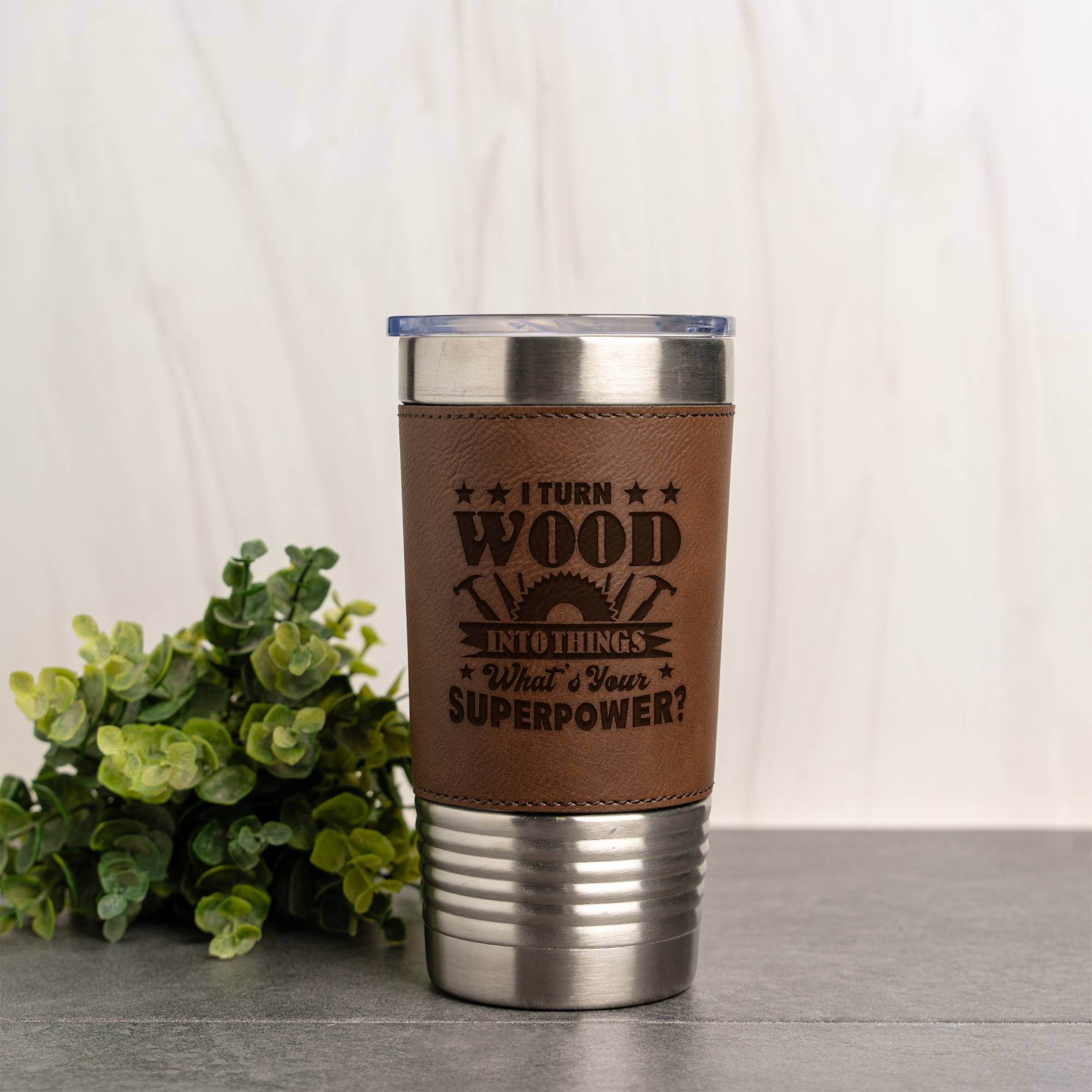 Woodworking Superpower Design - 20oz Leather Wrapped Tumbler