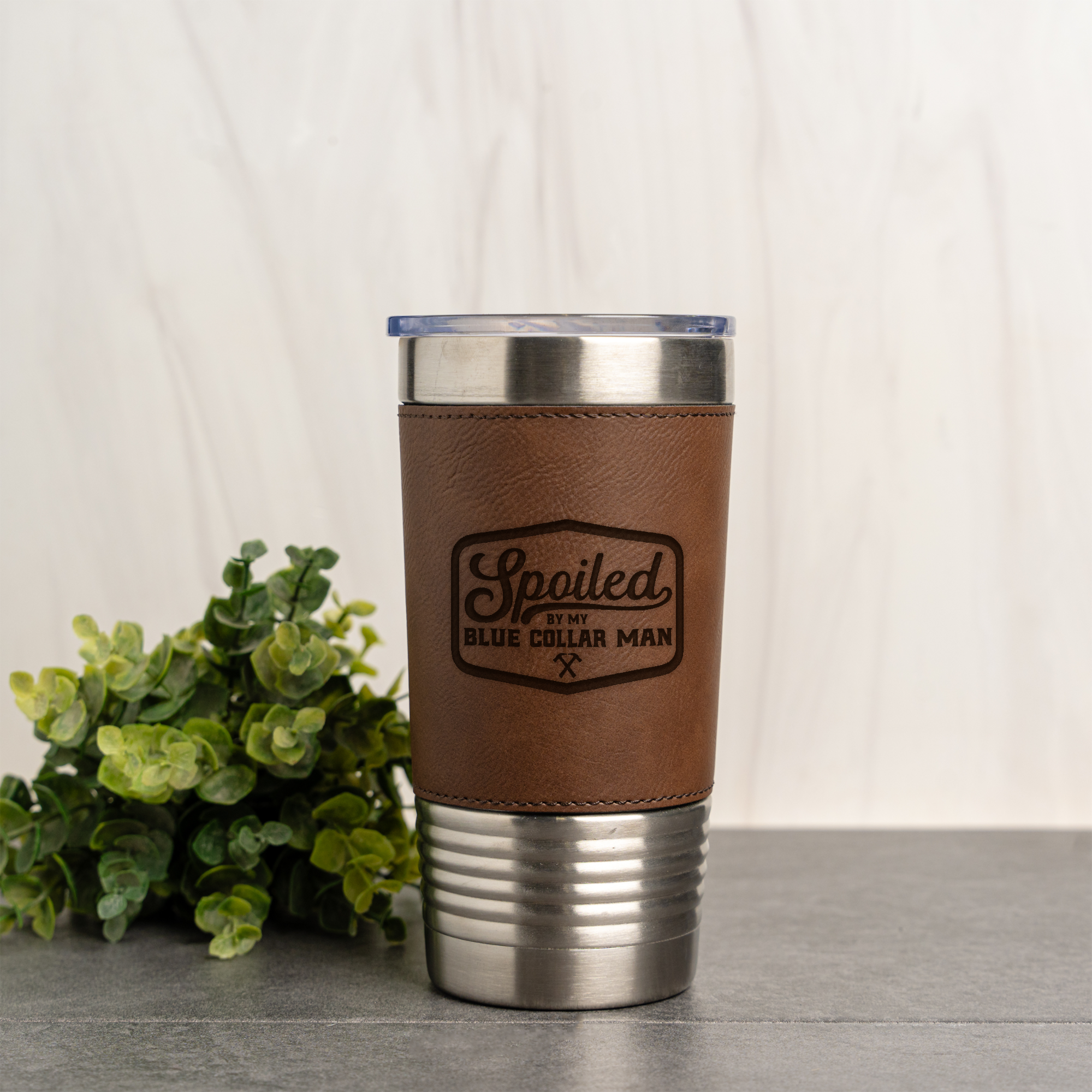 Leather Wrapped Tumbler 20oz - Spoiled by My Blue Collar Man